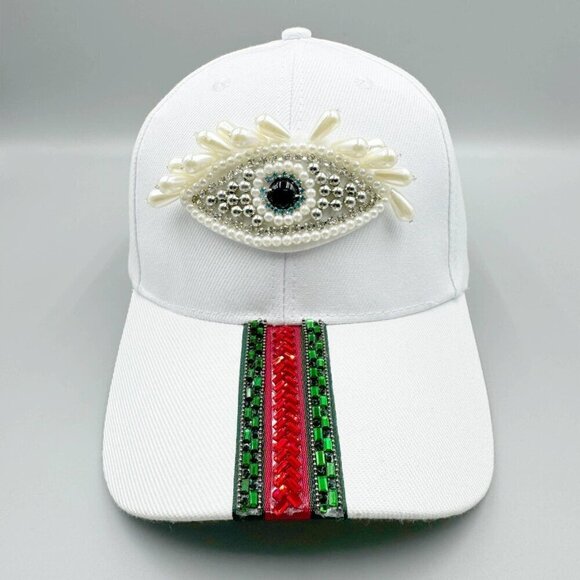 Evil Eye Pearl Rhinestone Striped Baseball Cap - Picture 1 of 7
